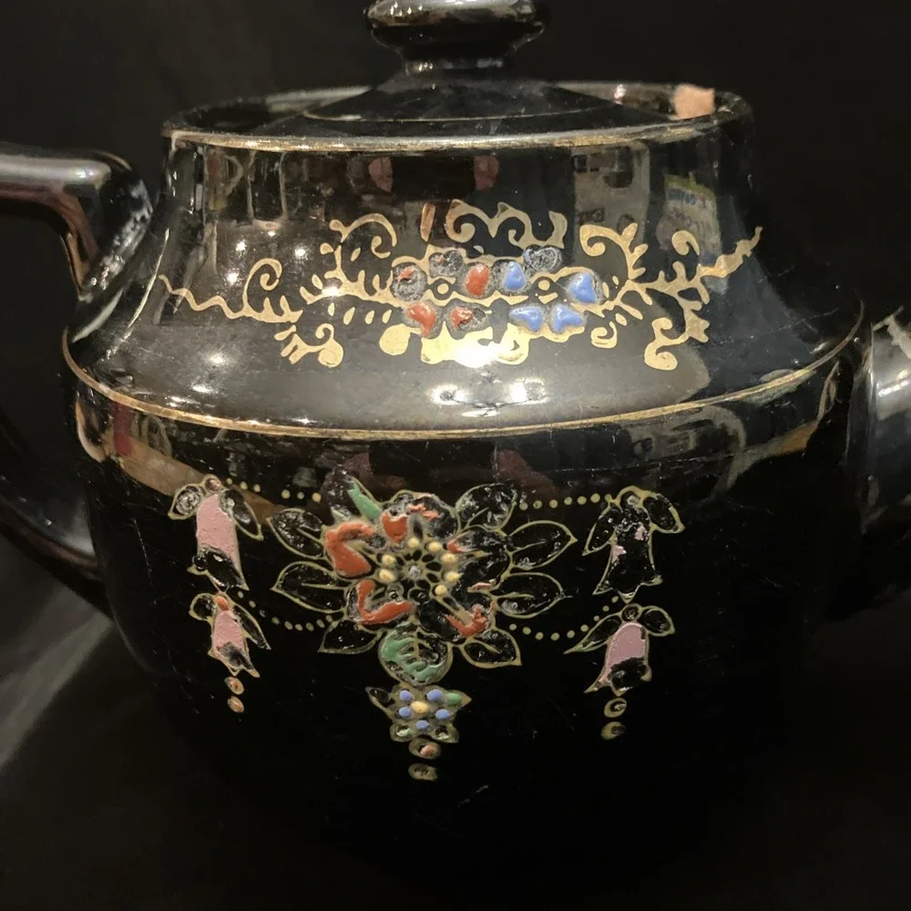 Hand Painted VTG Black Teapot Gold Trim Moriage Raised Dots Japan Glued Spout